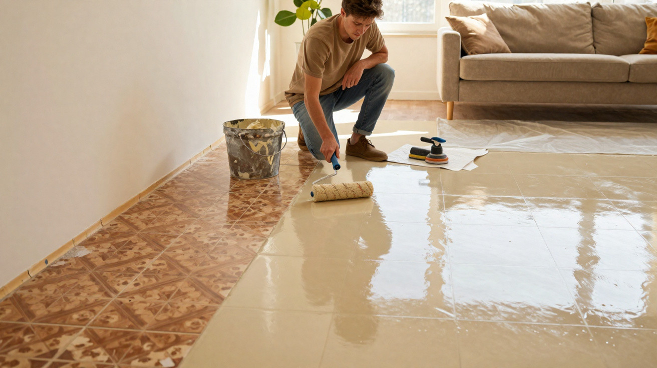 Man applying clear sealant with roller on patterned tiled floor in bright living room with sofa.