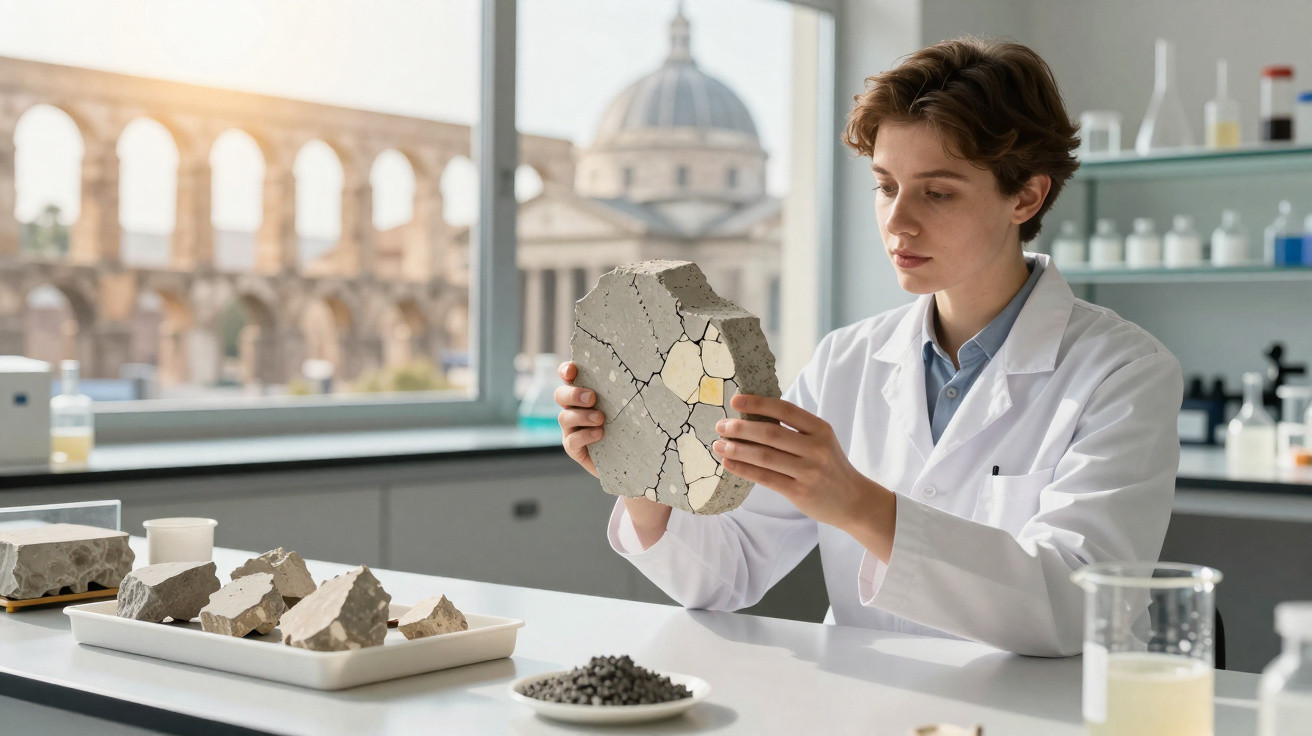 Scientist in a lab coat examining a cracked concrete core sample in a bright laboratory.