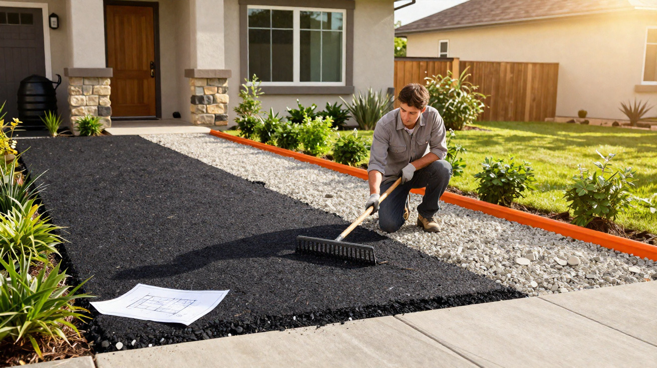 Man using a rake to level asphalt on a driveway under construction beside a house entrance.