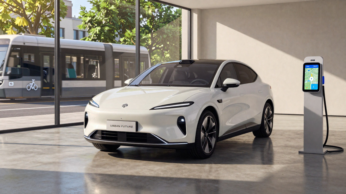 White electric sedan parked indoors next to a charging station with a tram passing outside large windows.