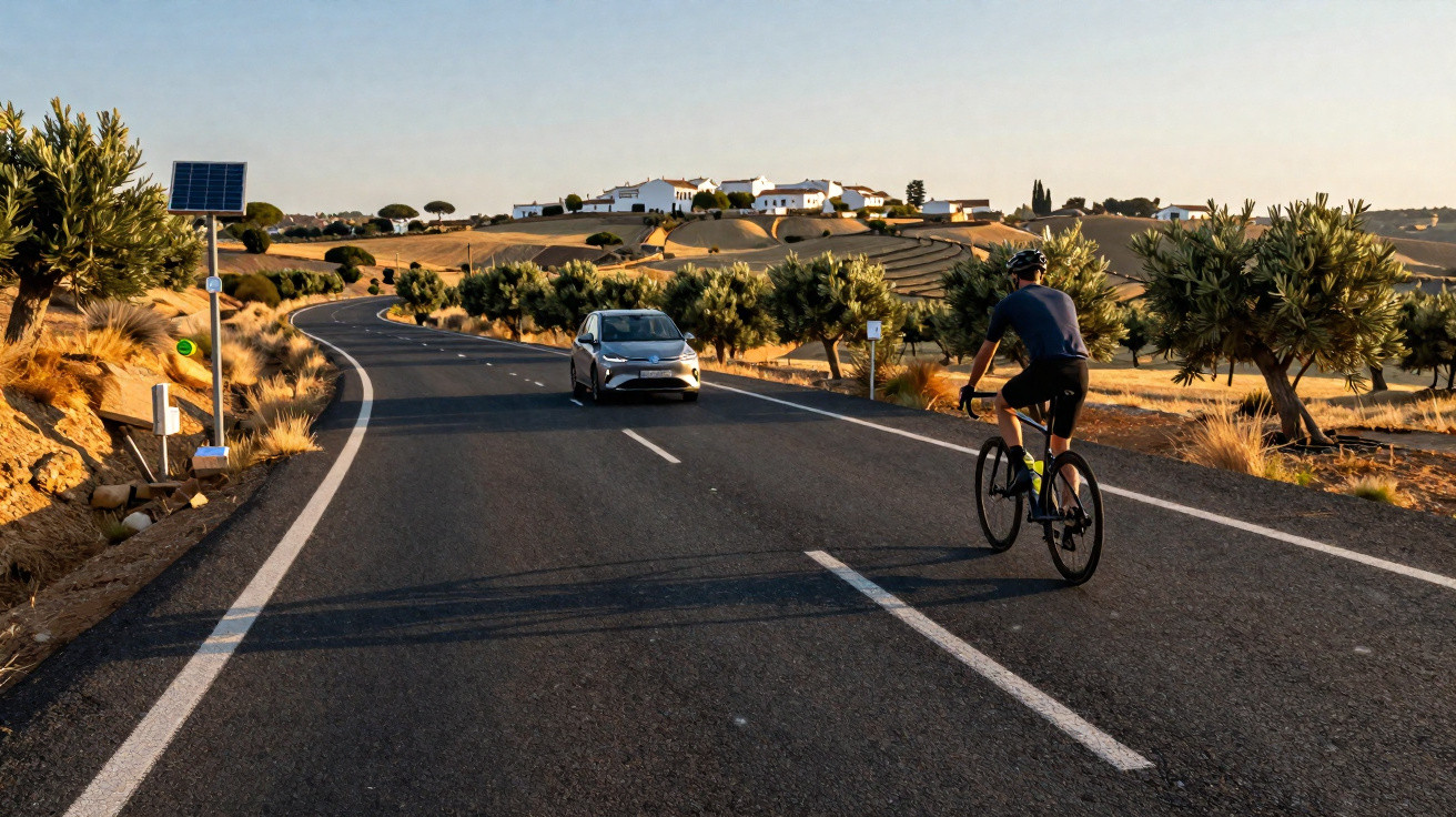 A cyclist rides on a rural road with a car approaching under a clear sky near a small village.