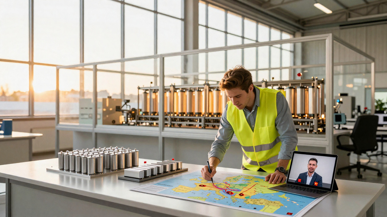 Engineer in a high-visibility vest marking a map on a table with a laptop showing a video call in a bright industrial workspa