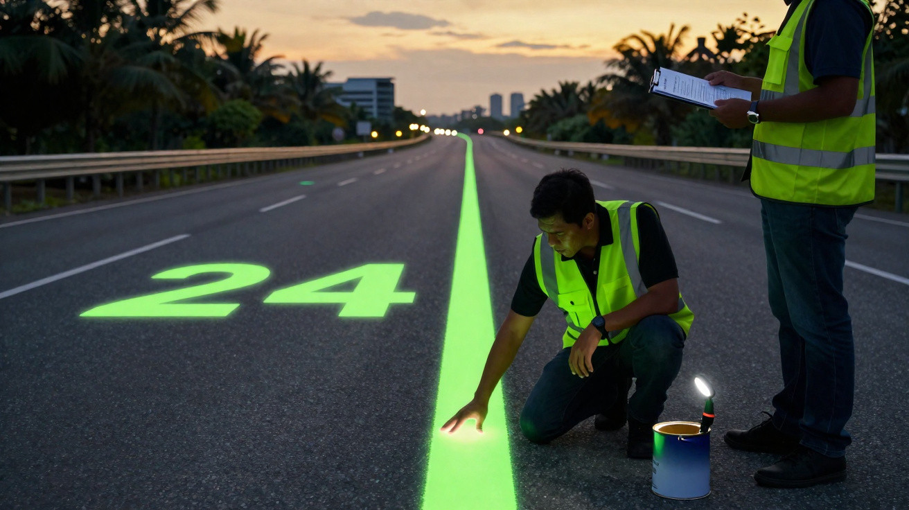 Two workers in high-visibility vests inspecting glowing green road line and number 24 on empty road at dusk