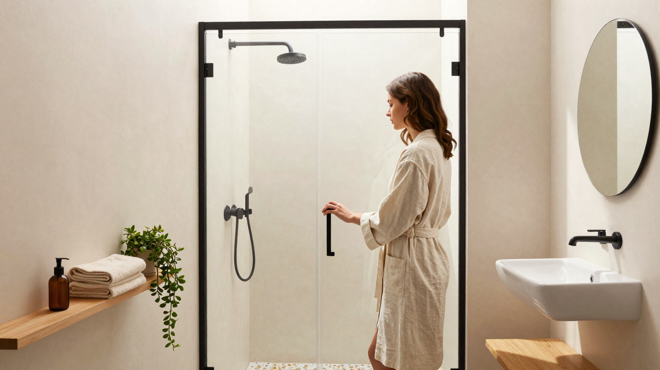 Woman in beige robe opening glass shower door in minimalist bathroom with wooden shelf and round mirror.
