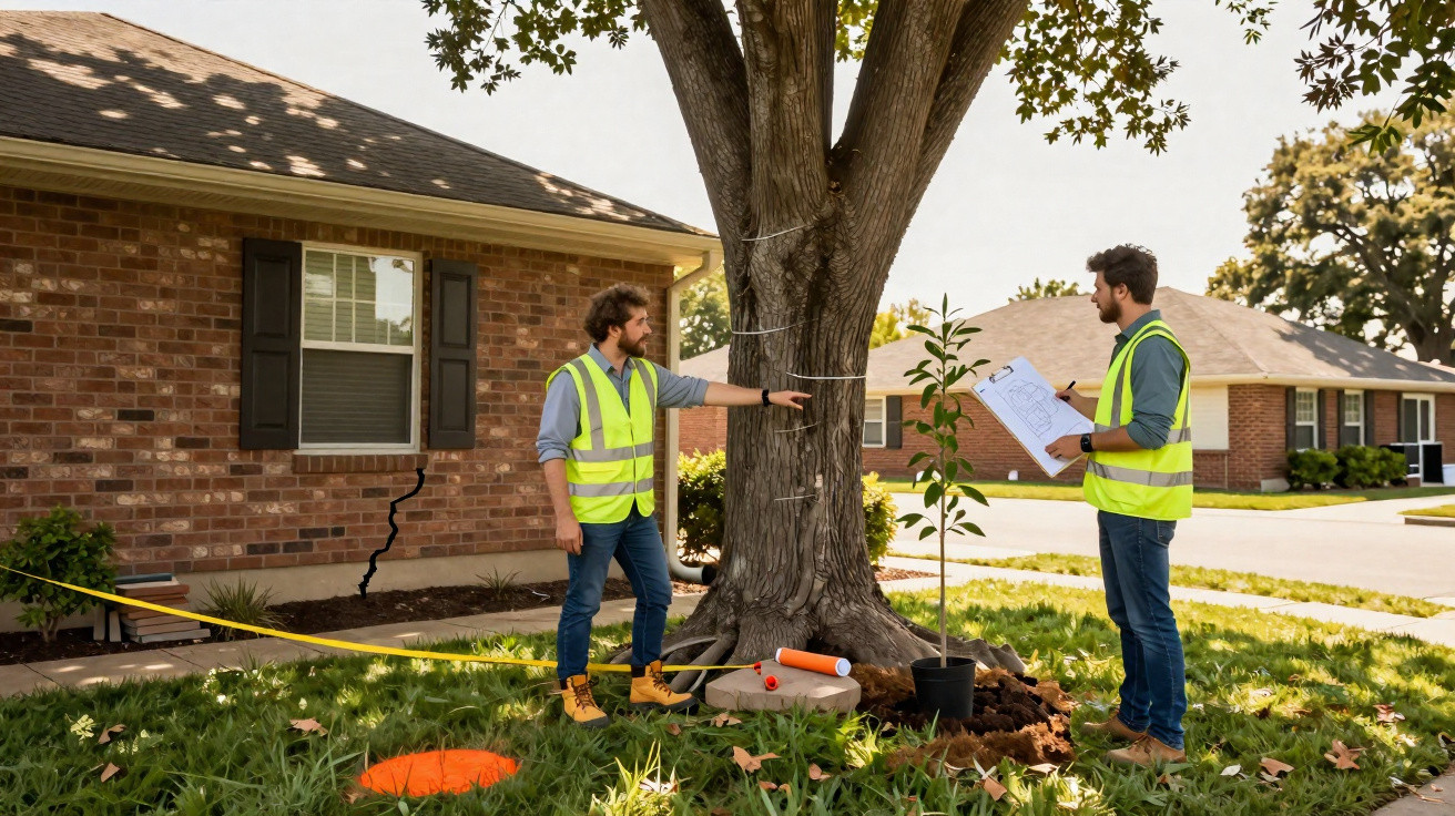 Two men in high-visibility vests inspecting a large tree in a residential front garden with equipment nearby.