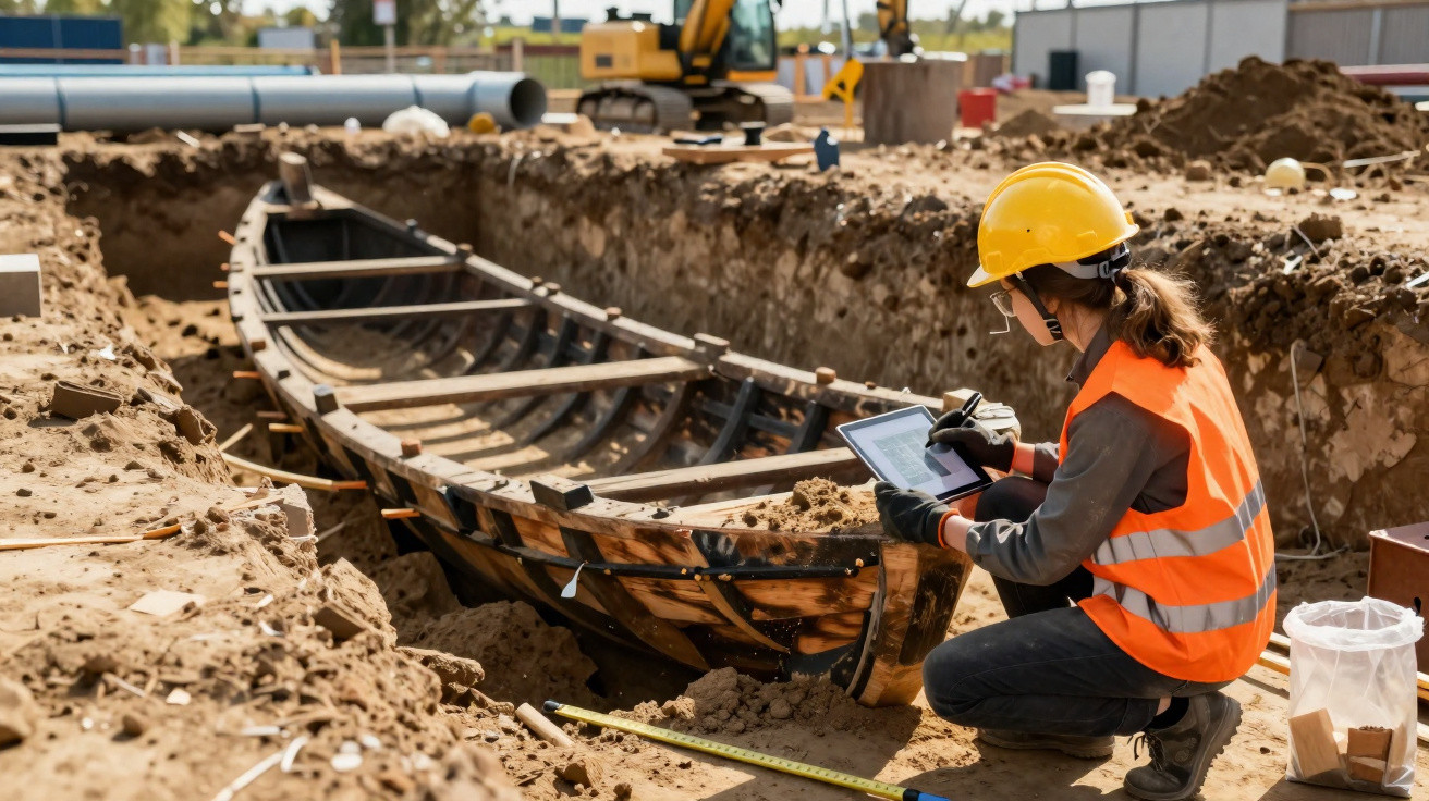 Archaeologist in safety gear documents a partially excavated ancient wooden boat at a dig site.