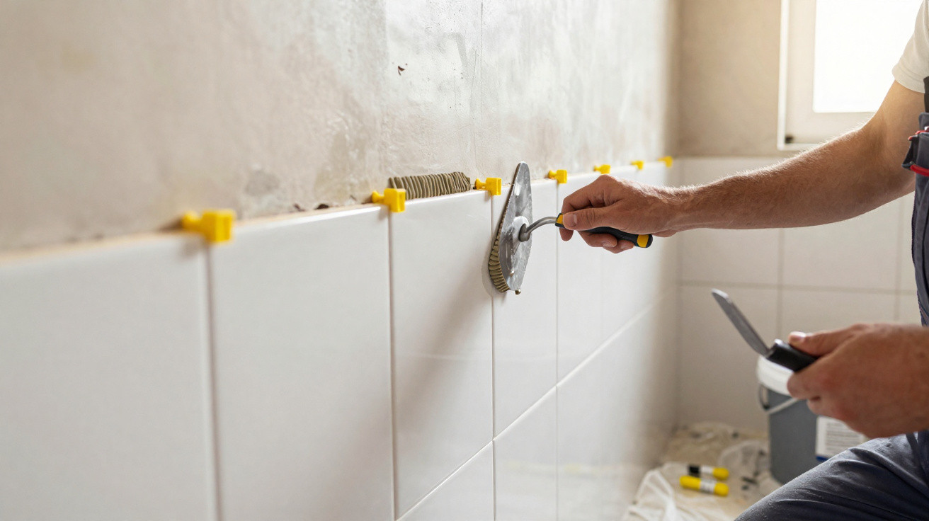 Person using a tile cutter to cut white wall tiles during a home renovation project.