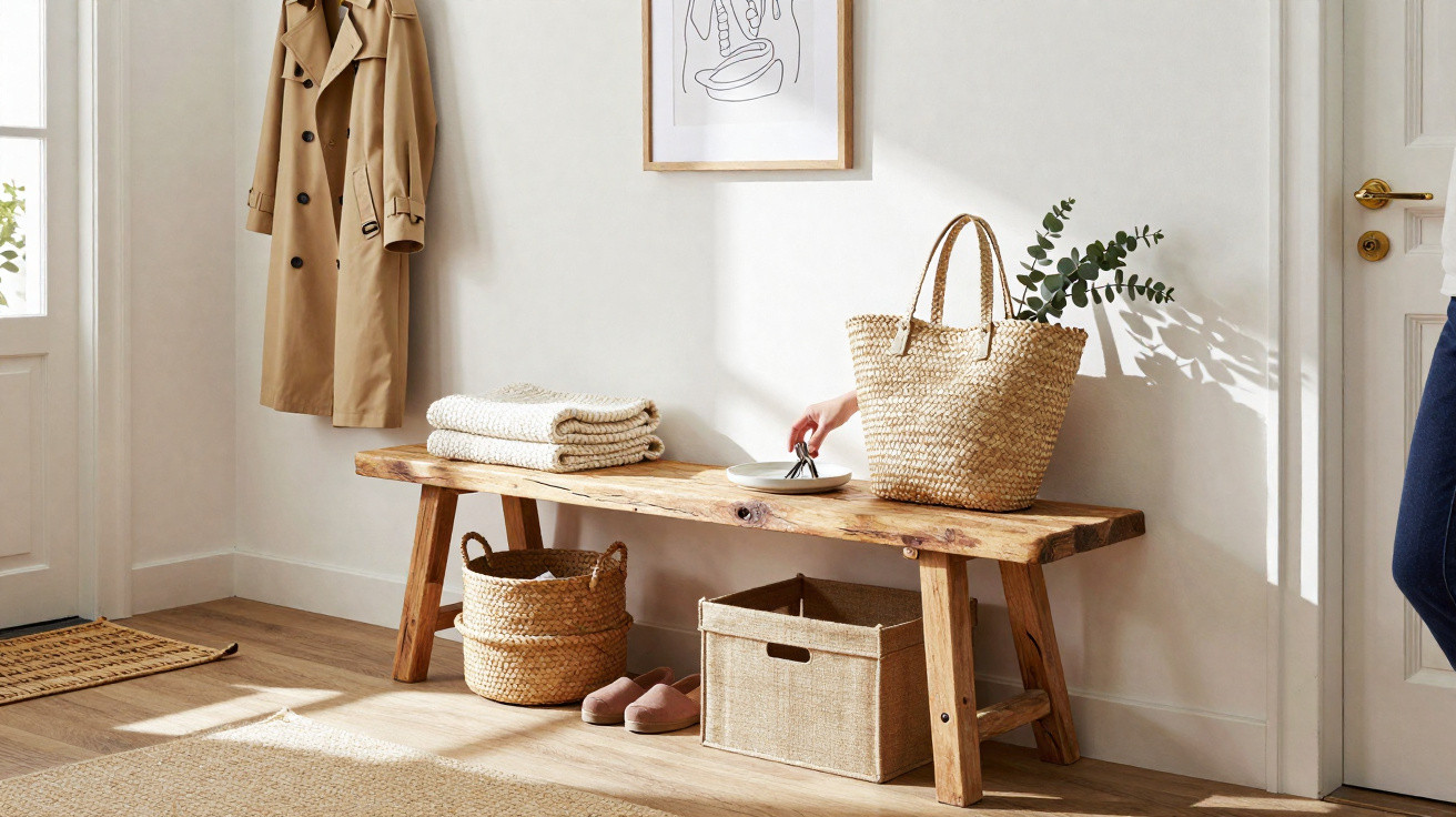 Minimalist entryway with wooden bench, woven baskets, folded blankets, coat on wall hook, and person holding tray.