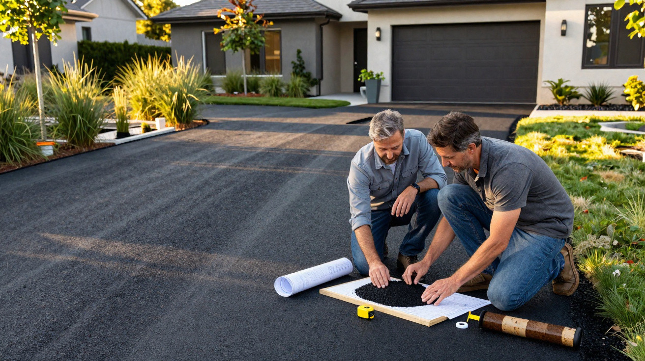 Two men kneeling on a driveway, examining asphalt samples and blueprints outside a modern house.