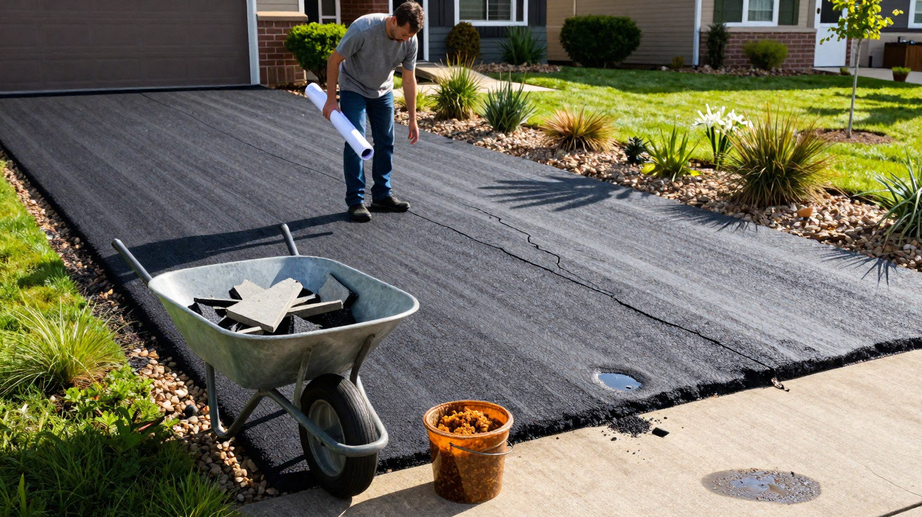 Man inspecting newly paved driveway with wheelbarrow and bucket nearby in a residential area