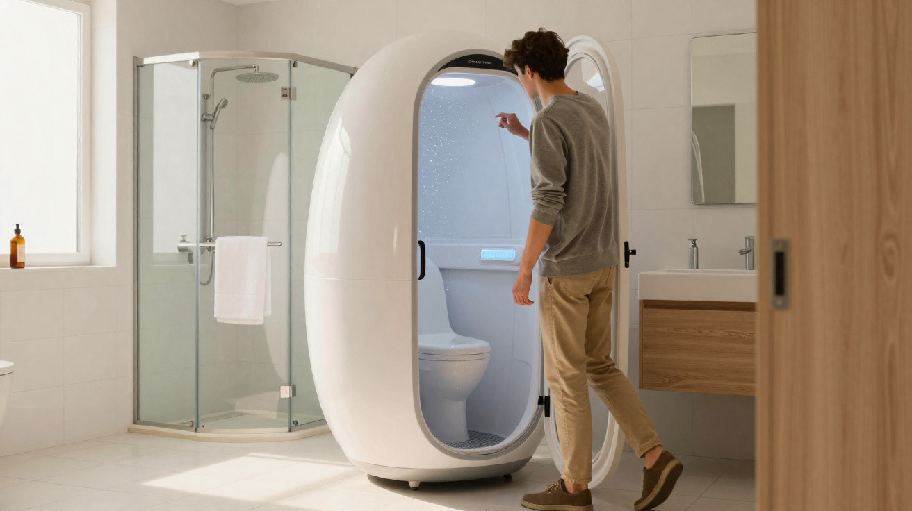 Man opening a futuristic egg-shaped portable bathroom pod in a modern bathroom.