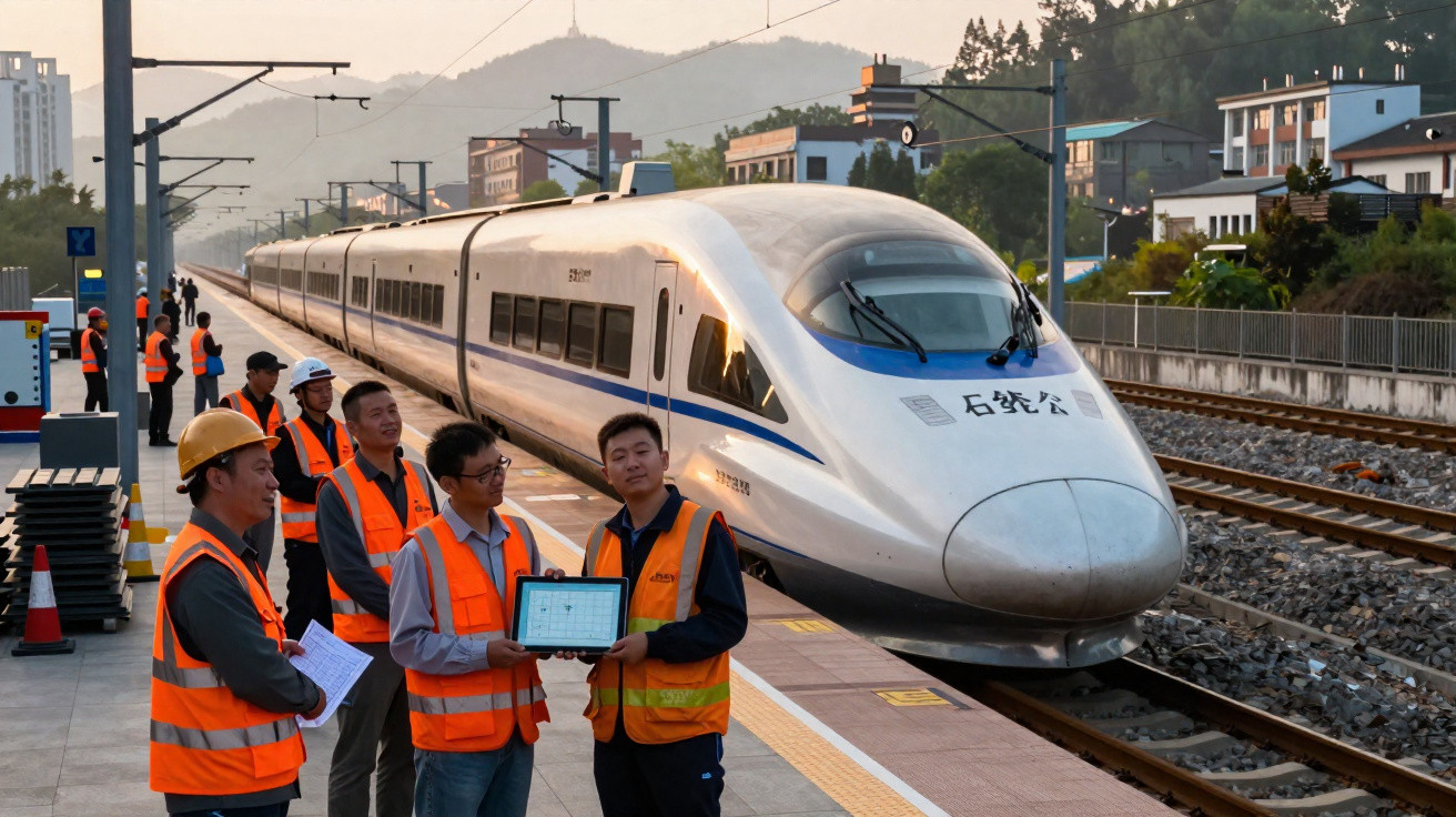 Engineers in orange safety vests stand on platform next to modern high-speed train at station during sunset.