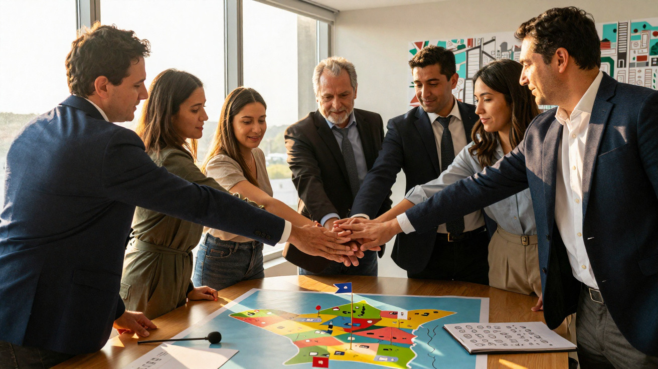 Seven diverse businesspeople in an office, placing hands together over a colourful strategy map on a table.