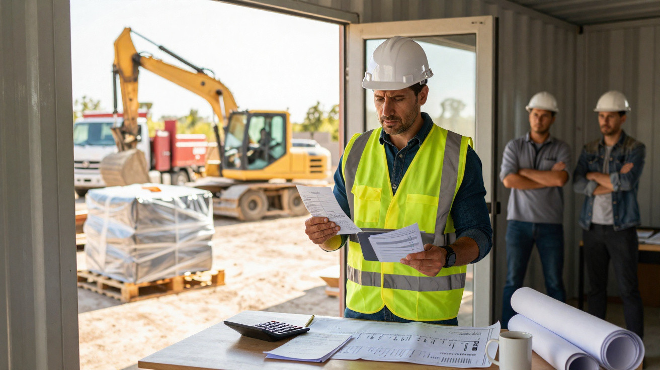 Construction worker in high-visibility vest and helmet reviewing documents inside site office with machinery outside.