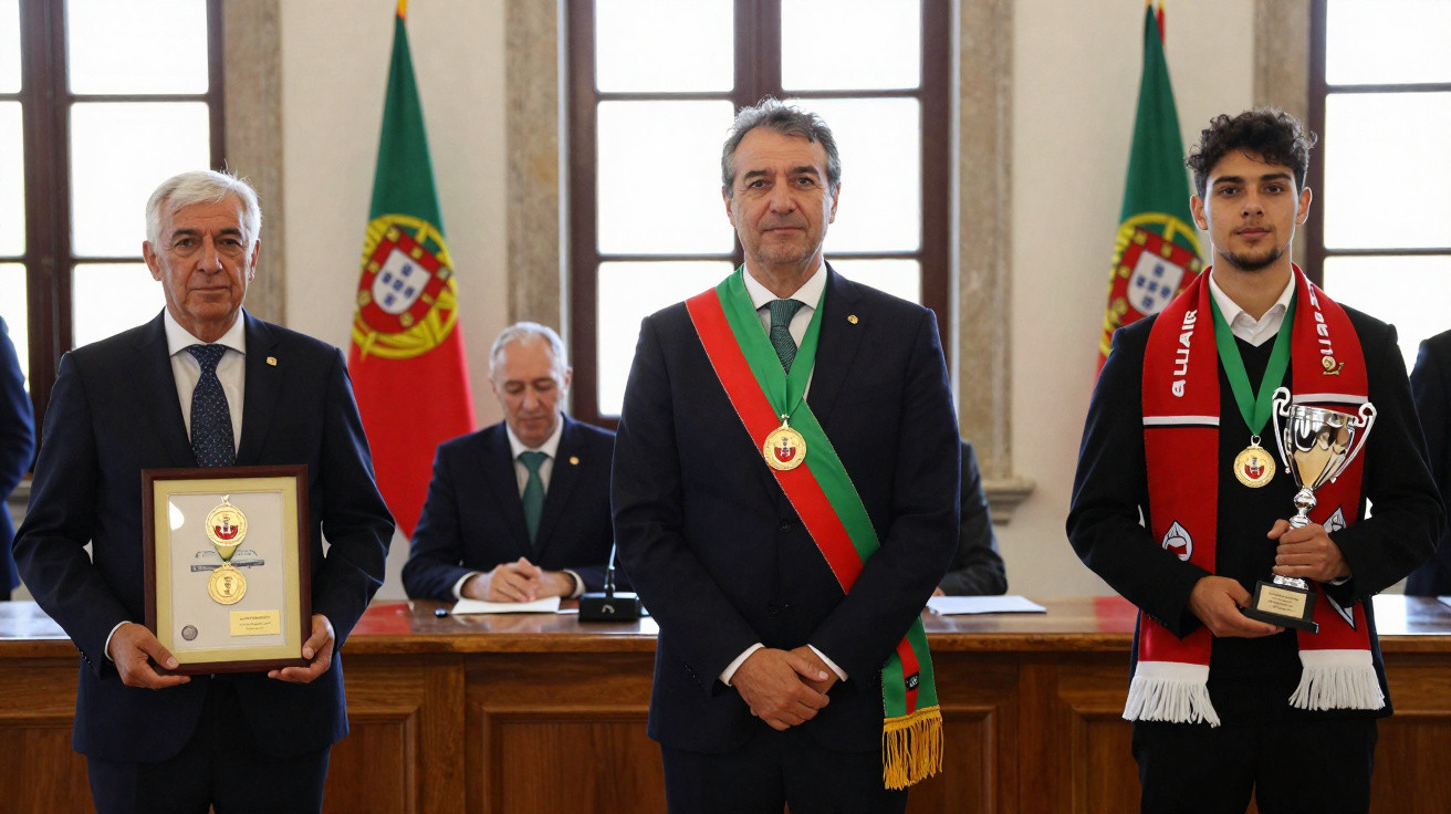 Three men in suits with medals stand in a formal room with Portuguese flags and seated officials behind them.