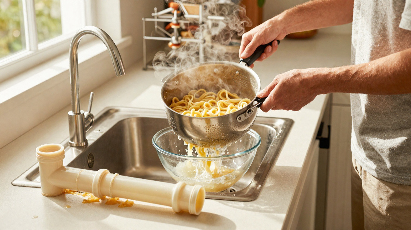 Person draining cooked pasta in a colander over a glass bowl beside a kitchen sink.