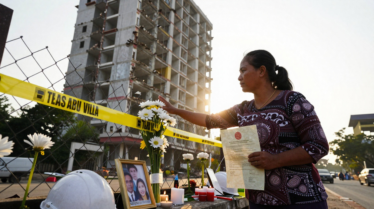 Woman placing flowers at a memorial with photos and candles near a damaged building and caution tape.