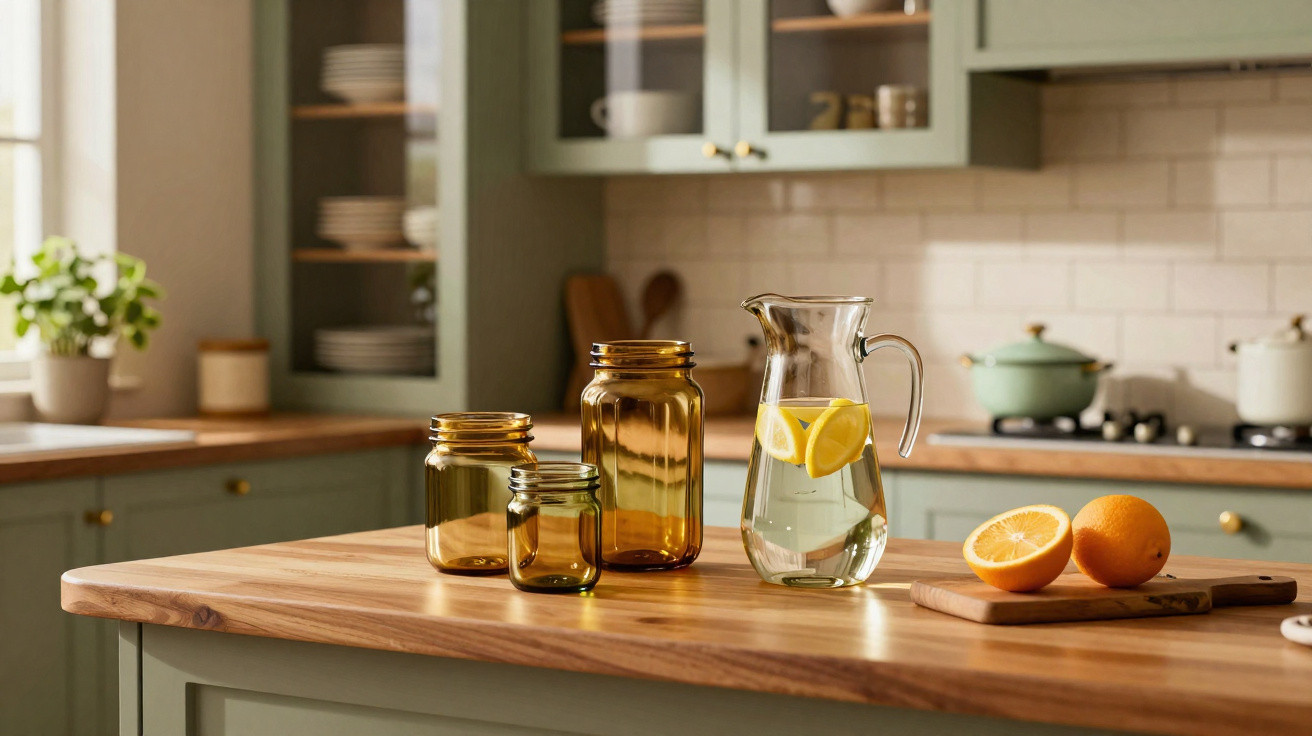 Glass jars and a jug of lemon water on a wooden kitchen island with oranges on a chopping board nearby