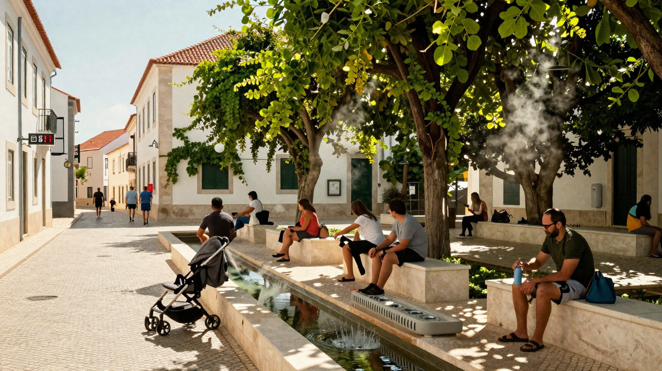 People relaxing on stone benches under trees beside a narrow water fountain in a sunny town square.