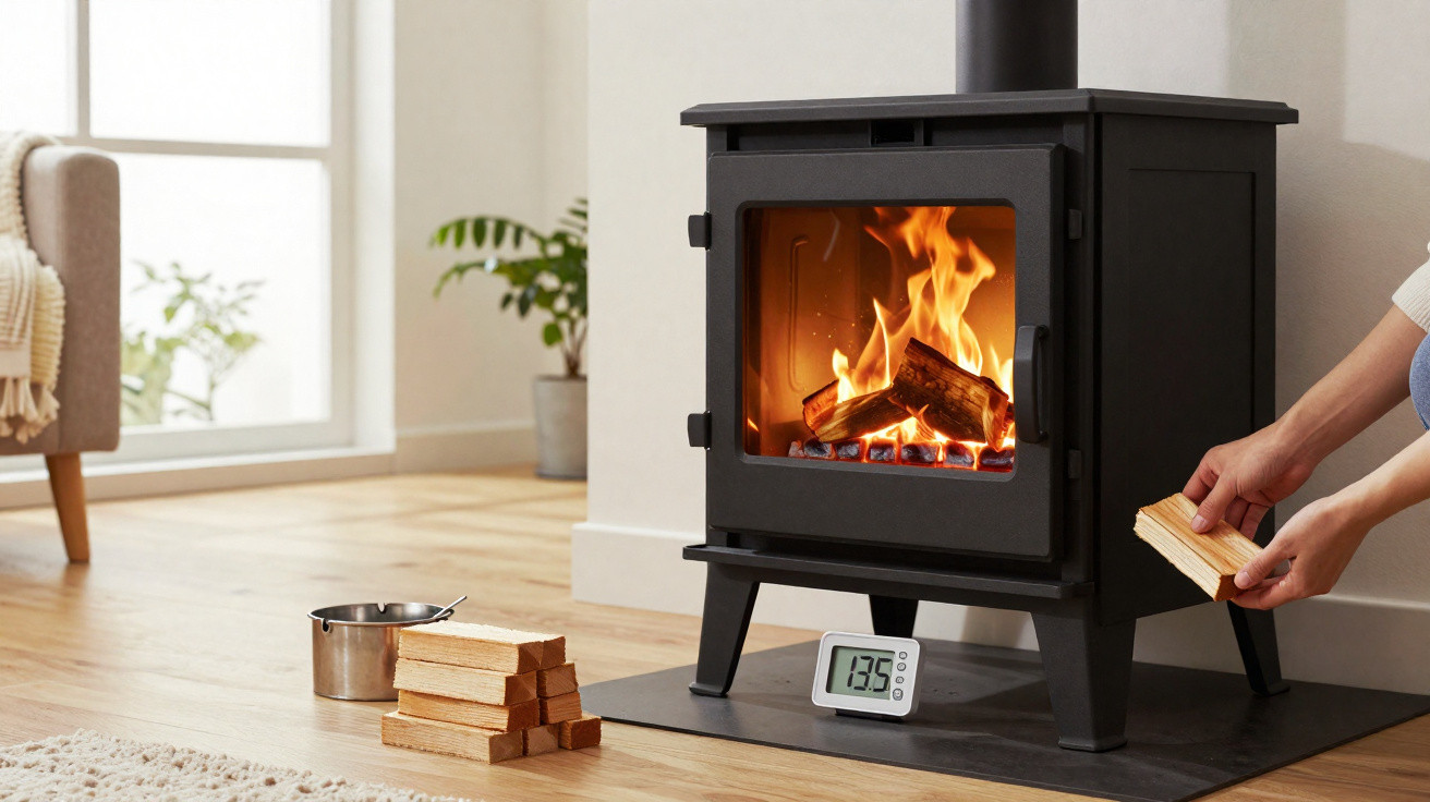 Person feeding wood into a burning wood stove with firewood, a digital thermometer, and a cozy living room setting.