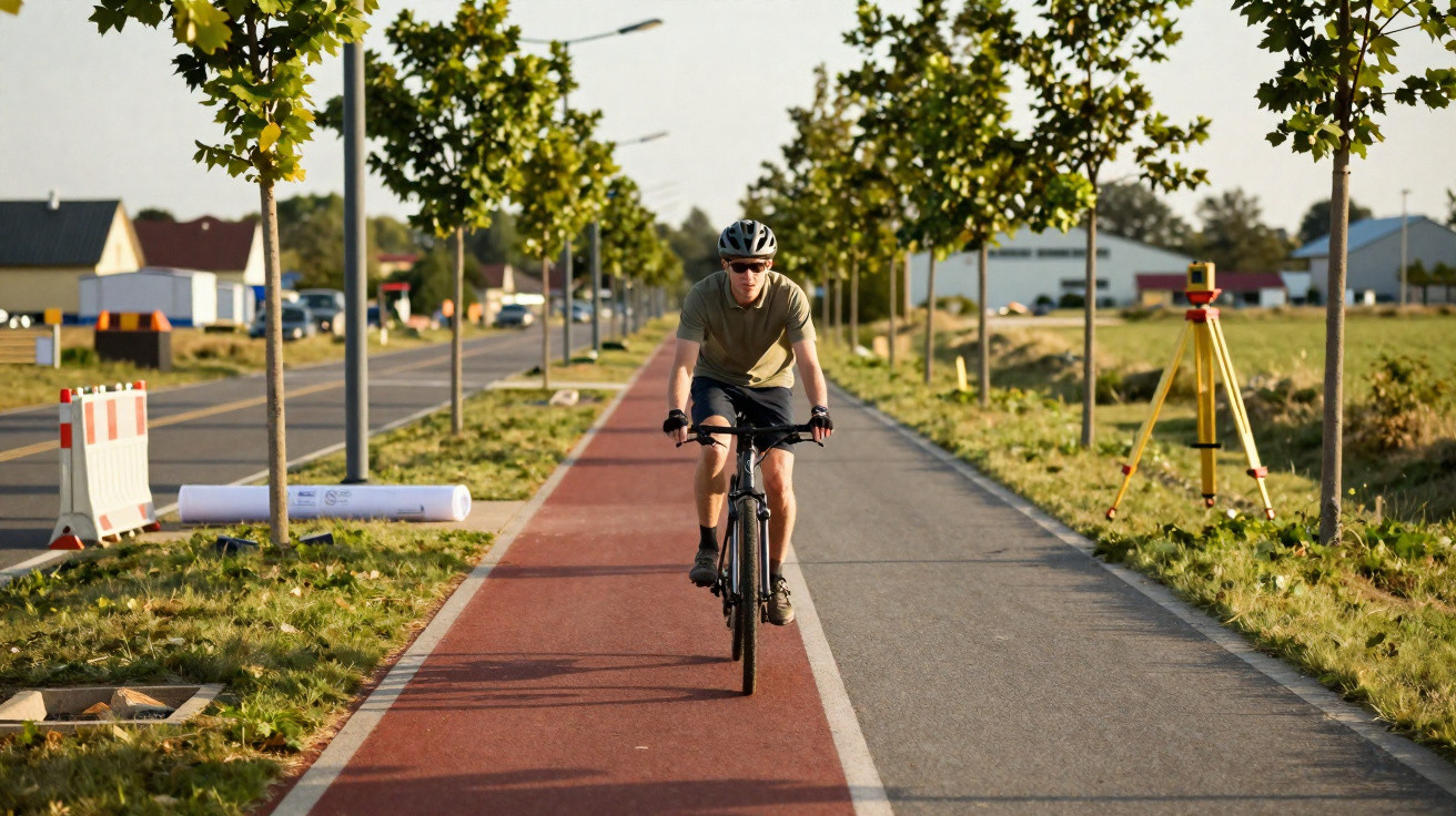 Man wearing helmet cycling on a red bike lane alongside a grey pedestrian path lined with young trees.
