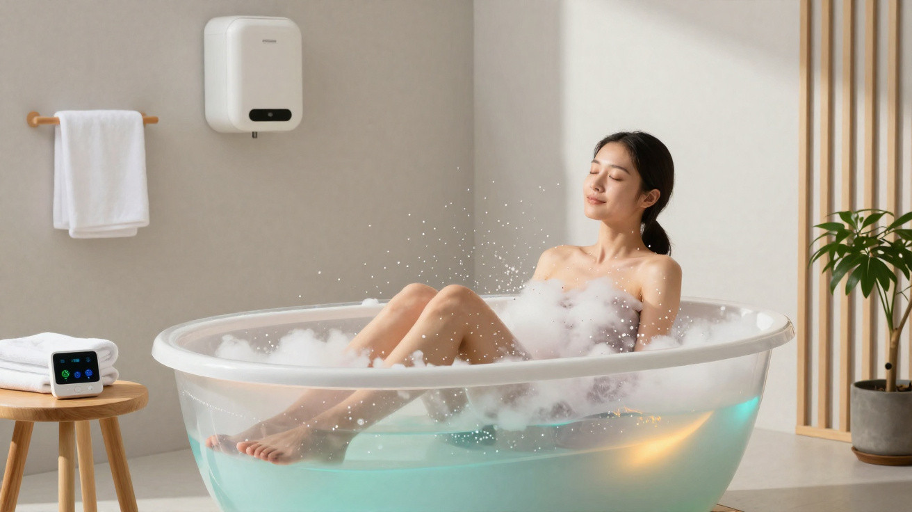 Woman relaxing in a bubble bath in a modern bathroom with a towel and digital device nearby
