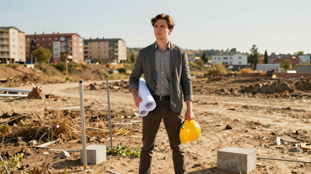 Man in smart casual clothes holding yellow hard hat and blueprints at a construction site with buildings in background