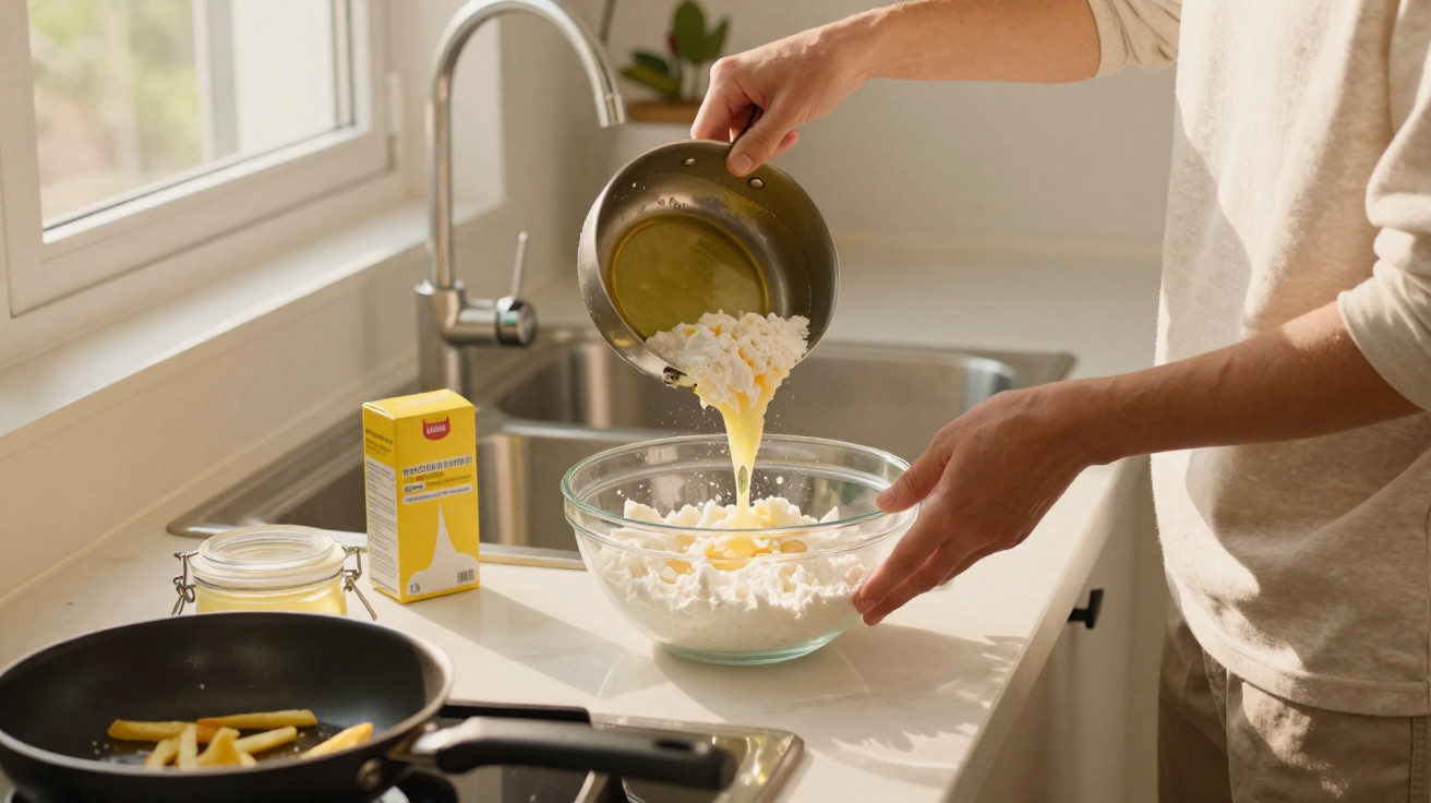 Person pouring beaten eggs into a glass bowl with cottage cheese on a kitchen counter.
