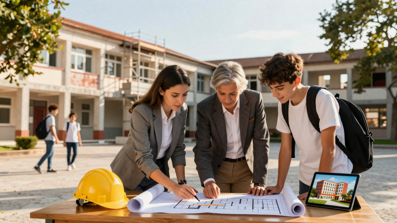 Three people examining building plans on a table outdoors with a yellow hard hat and a tablet showing a building design.