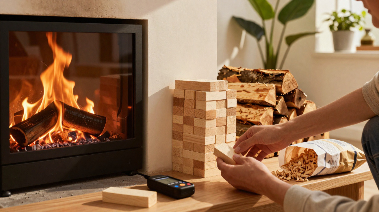 Person playing Jenga next to a lit fireplace with firewood and kindling on a wooden surface.