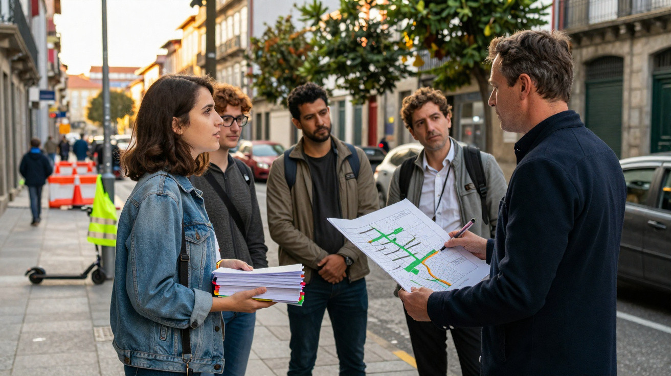 Group of five people discussing a street map in an urban setting during daytime.