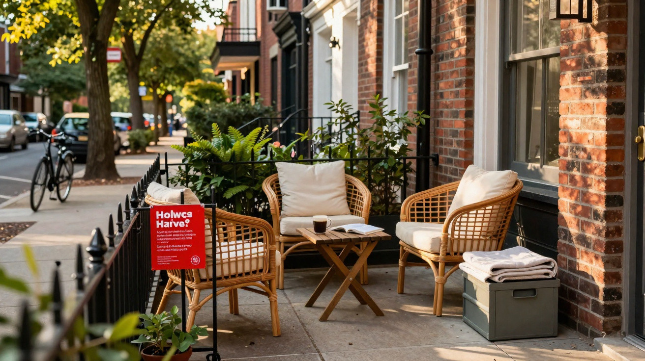 Outdoor seating area with wicker chairs, cushions, a small table, plants, and brick buildings in daylight.