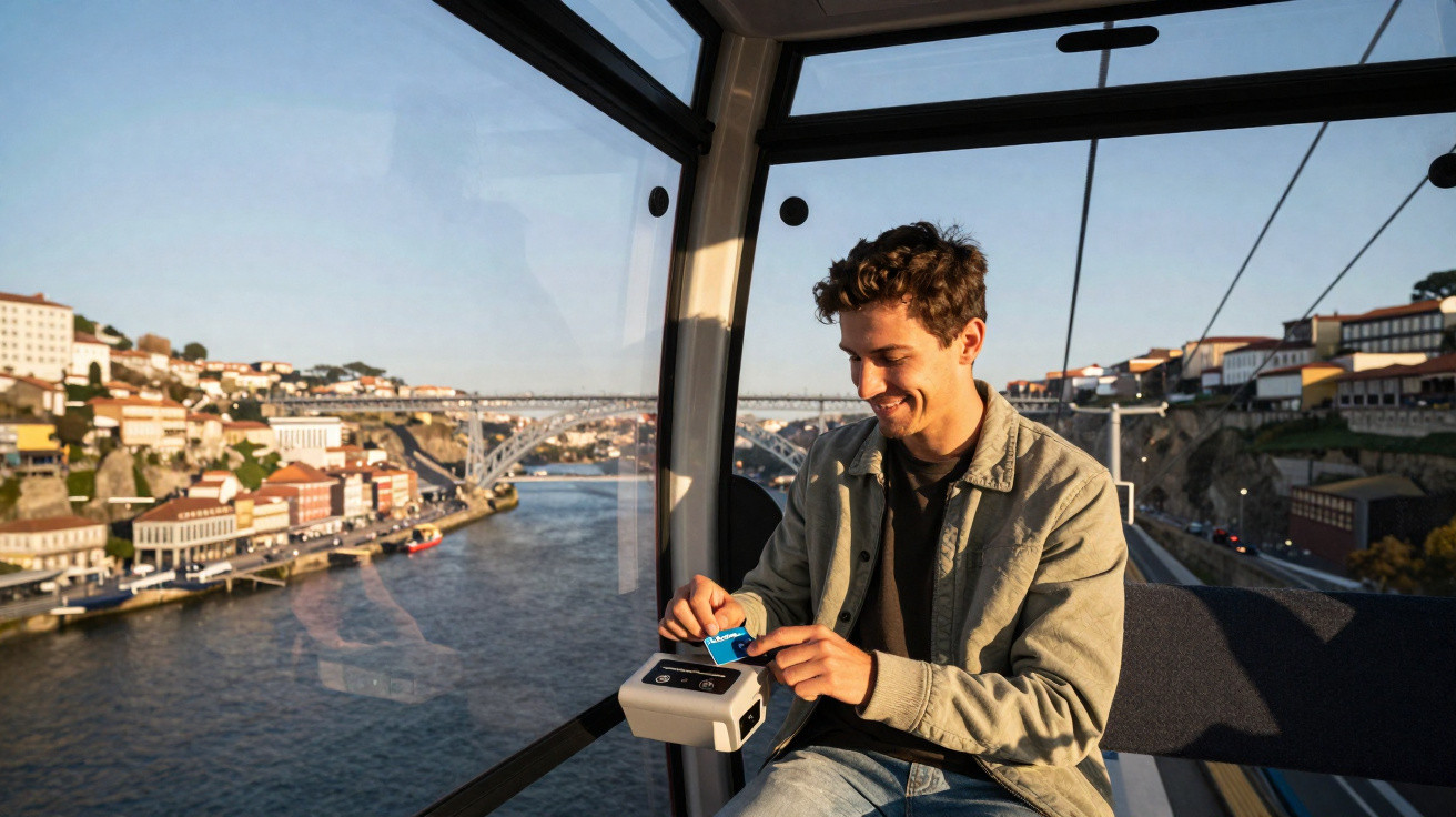 Young man using a contactless card reader inside a cable car over a river with city buildings and a bridge in the background.