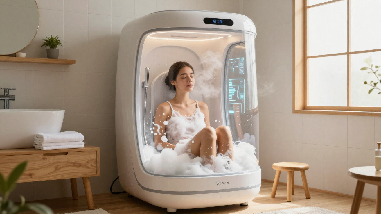 Woman relaxing in a modern steam therapy pod filled with steam and bubbles in a bright, minimal bathroom.