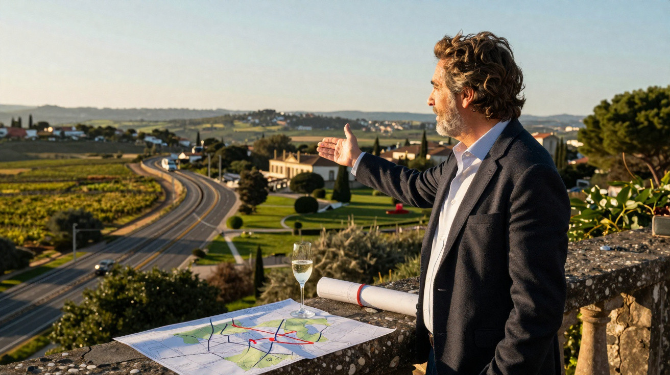 Man in suit gesturing towards countryside view with map and wine glass on stone balcony at sunset.