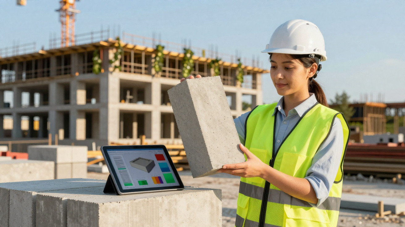 Female construction worker in hard hat and high-visibility vest examining concrete block at building site with tablet nearby