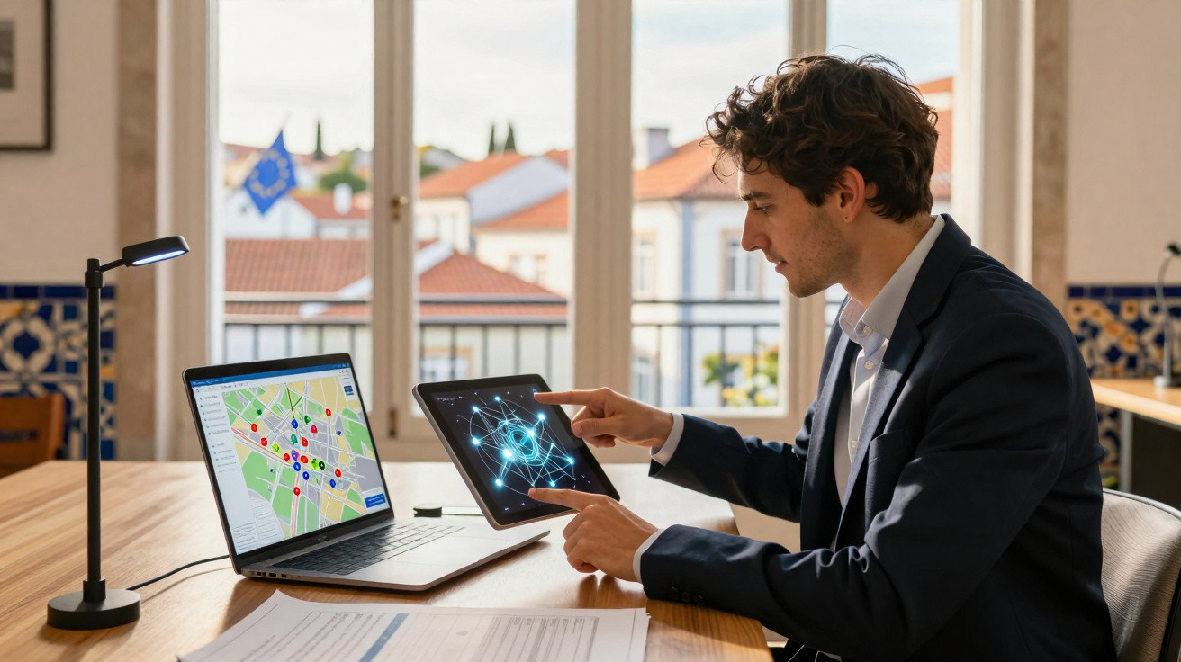Man in suit using tablet displaying digital network beside laptop showing map with markers in bright office.