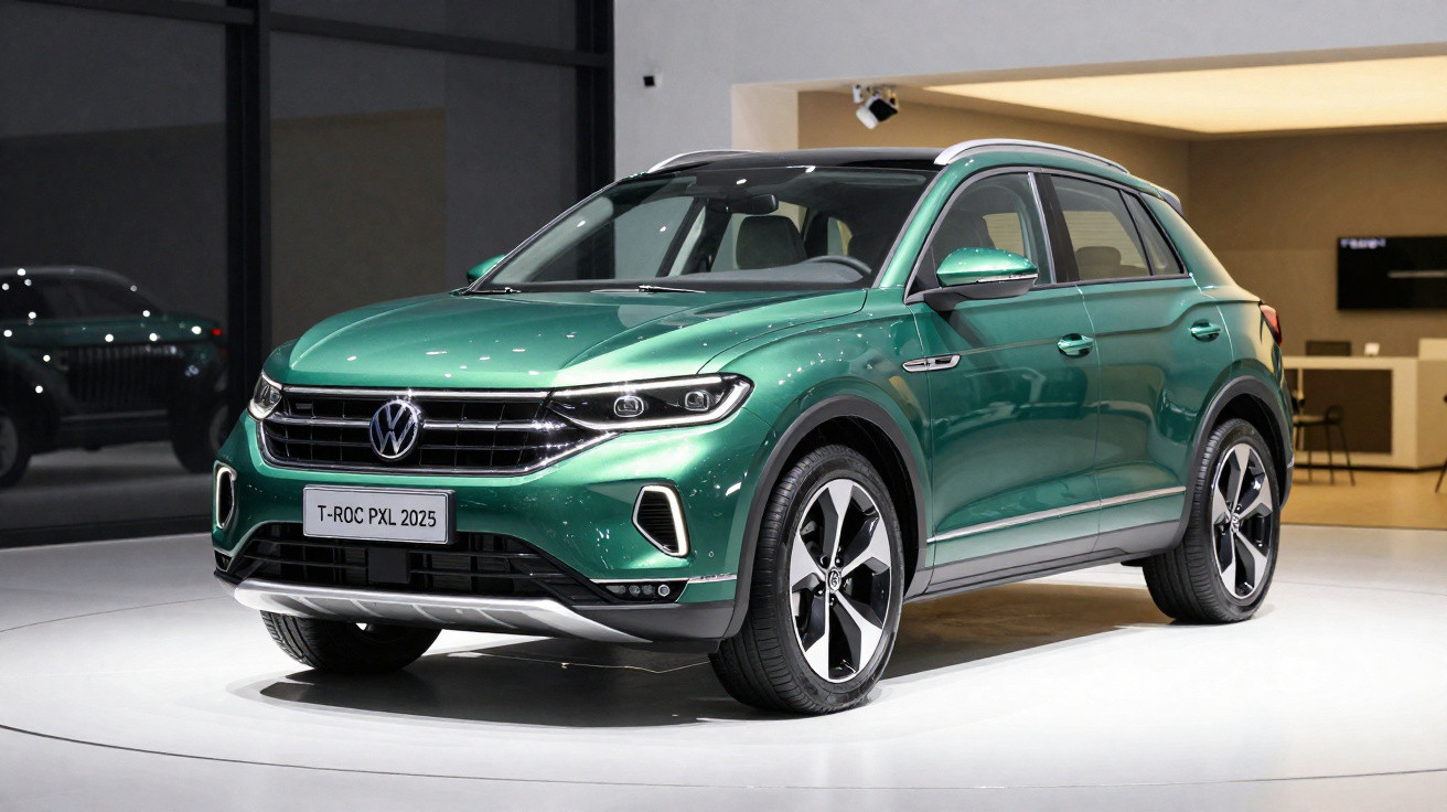 Green 2025 Volkswagen T-Roc PXL compact SUV on display in a showroom under bright lighting.