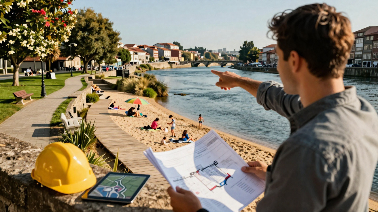 Man holding blueprints and pointing towards riverbank with sandy beach and people relaxing in a town setting.