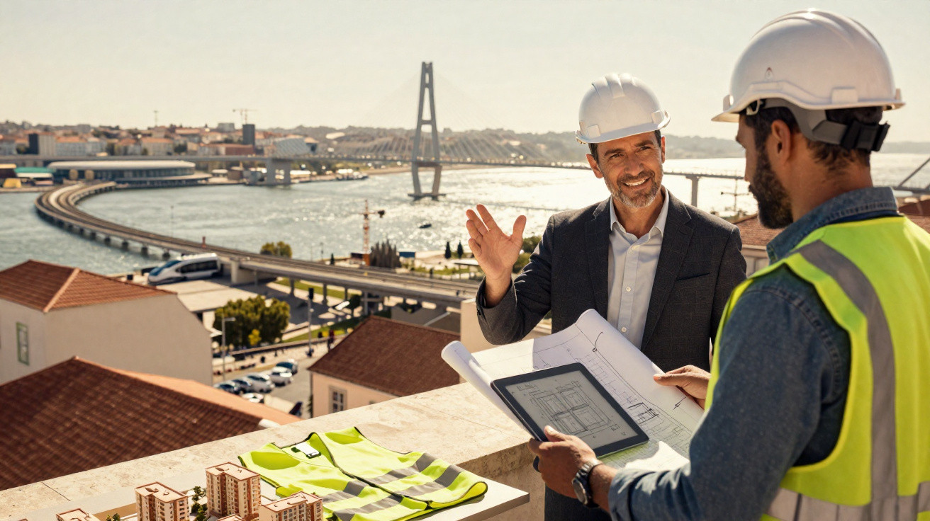 Two construction workers in helmets reviewing blueprints near a river with a bridge in the background.