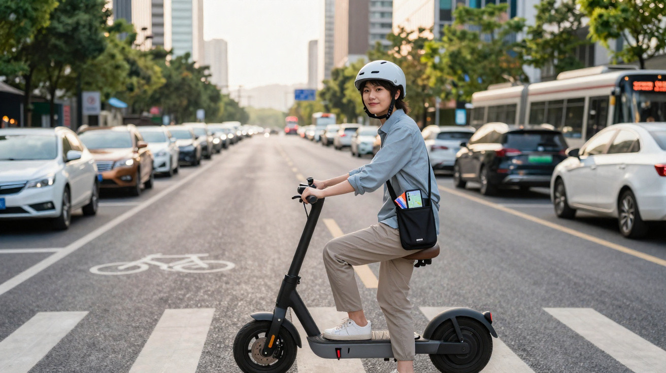 Young person wearing a helmet riding an electric scooter on a city street with traffic and tall buildings in the background.