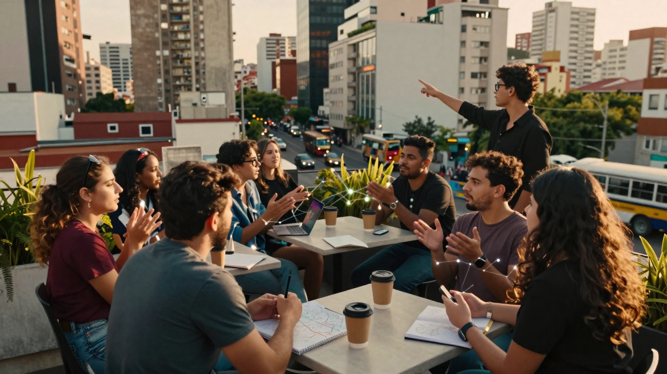 Group of diverse young adults having an outdoor meeting on a rooftop overlooking a busy city street.