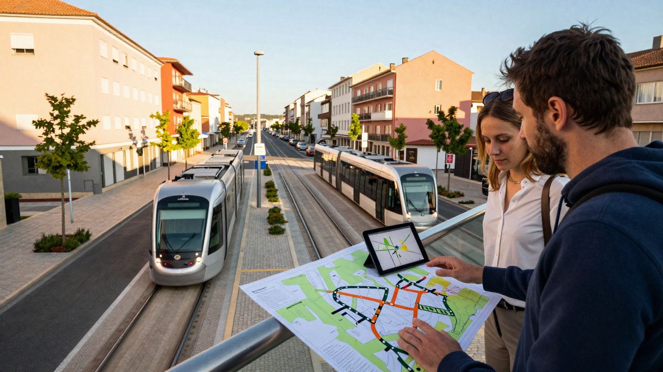 Two people examining a city map and tablet near tram tracks with two trams in a residential area.
