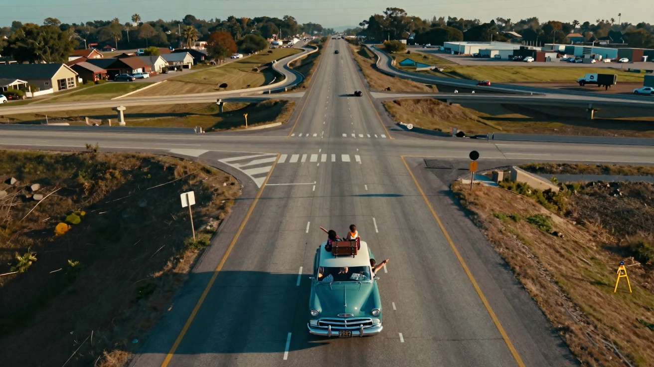 A vintage green car with three people, one on the roof, driving down a wide suburban road at an intersection.