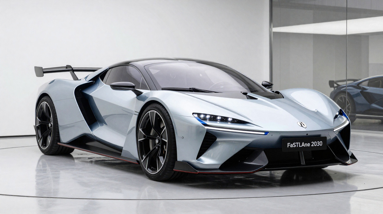 Silver futuristic FaSTLane 2030 supercar with sleek aerodynamic design displayed in a modern showroom.