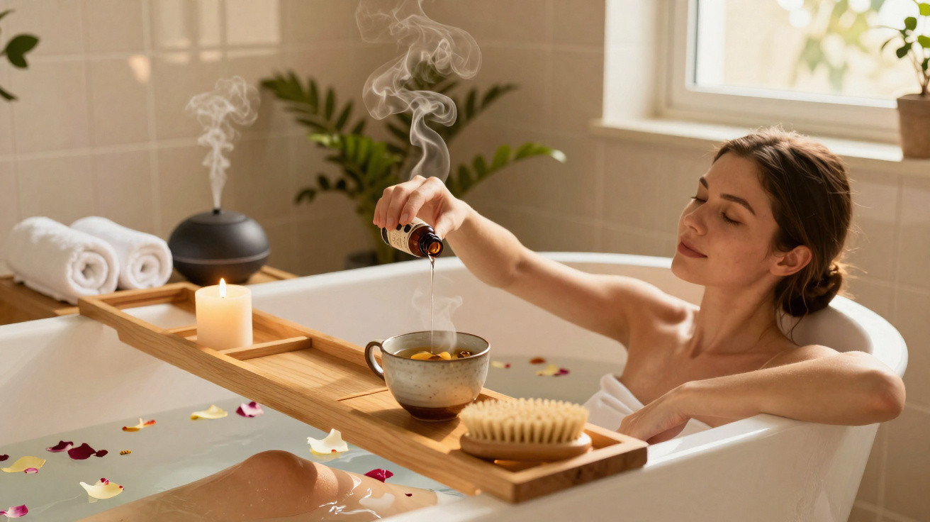 Woman relaxing in a bath with rose petals, pouring essential oil into a steaming cup on a wooden tray.