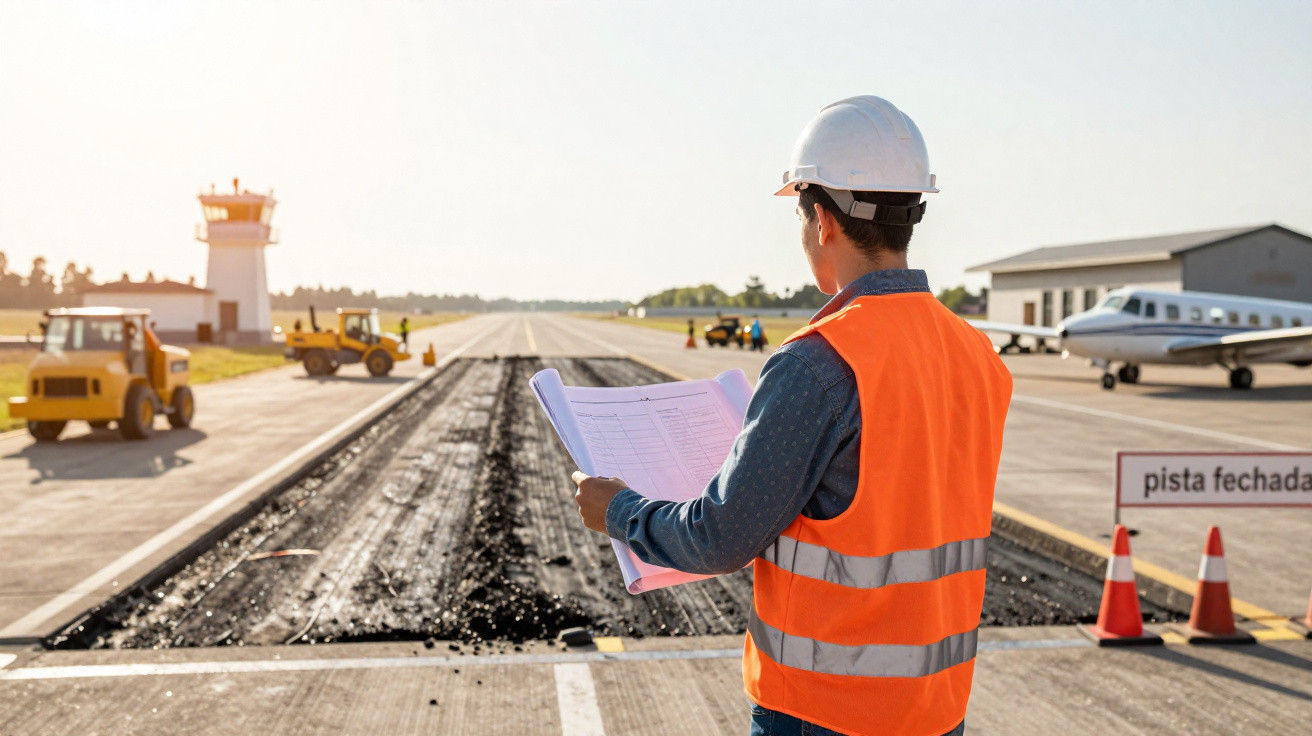 Construction worker in safety gear inspecting runway resurfacing at an airport with machinery and plane nearby.
