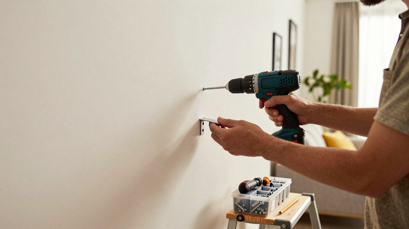 Person using a cordless drill to fix a bracket on a white wall with tools on a nearby step ladder.