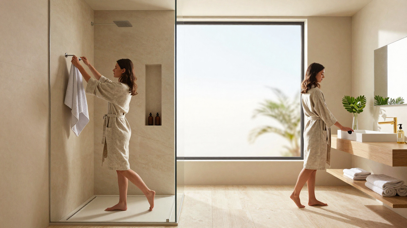 Woman in a beige robe hanging towel in shower and washing hands in modern bathroom with large window and plants.