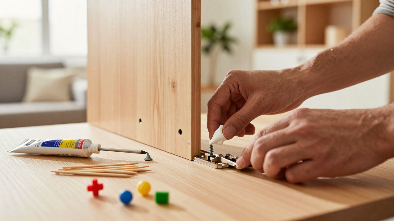 Hands assembling wooden furniture with glue, screws, and small coloured pegs on a wooden surface.